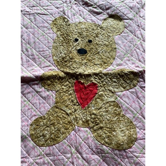 Handmade Baby Quilt With Teddy Bear & Alphabet Print 35x27 Inches - Picture 2 of 7